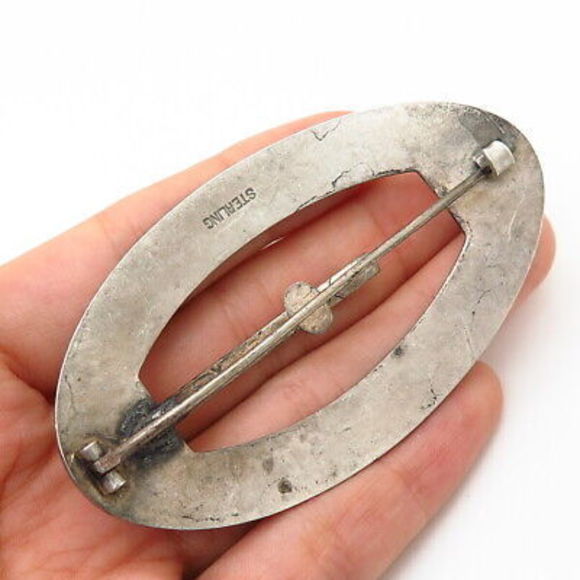 925 Sterling Silver Antique Enamel Oval Belt Buckle Design Pin Brooch